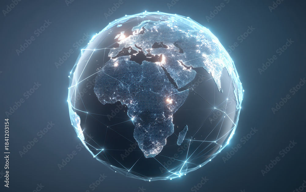 Fototapeta premium Global network connectivity digital technology earth planet data internet merge glowing dotted globe showing illuminated cities and linked nodes conveying modern communication and worldwide