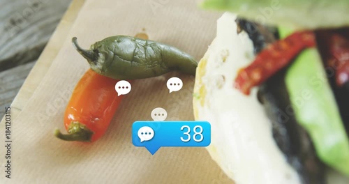 Blue bubble appearing counter rising icons drifting over sandwich, view zooming right, showing buzz