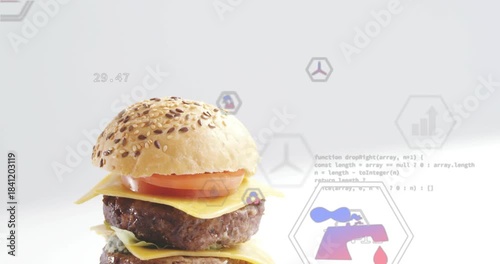 Camera panning revealing stacked burger on white studio, hex icons floating showing metrics