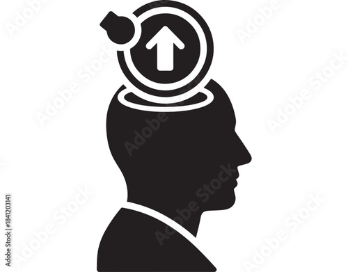 Silhouette of a man with a lightbulb head and an upward arrow, representing innovative ideas and progress