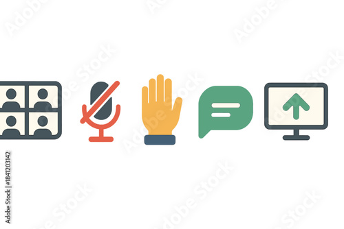 Icons are used to represent online communication features in a digital meeting platform during a virtual session in the afternoon