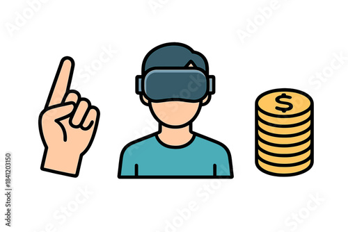 Person with virtual reality headset raises hand while coins are stacked nearby showing interaction with virtual currency