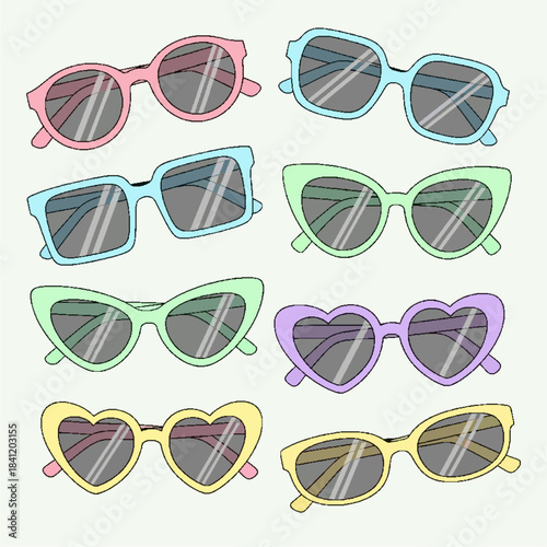 Diverse Collection of Fashionable Sunglasses and Eyewear in Various Trendy Styles and Colors
