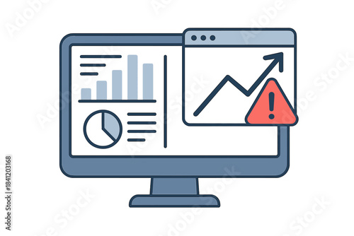 Trends in data analysis displayed on a screen showing charts and a warning symbol for increased attention