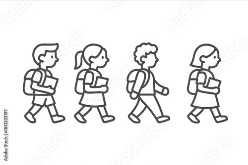 Children walk together to school carrying books on their way to class in a simple line drawing style