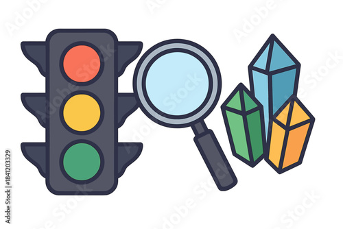 Green light turns on while a magnifying glass is positioned next to colorful crystals on a white background