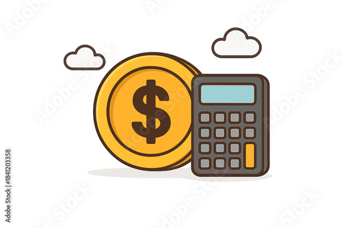 Calculator and coin on a flat surface with clouds in the background during day time