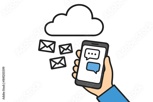 Hand holding smartphone showing cloud storage with messages and emails being sent