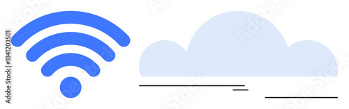 Blue wireless signal radiating next to a simple cloud shape symbolizes internet, cloud storage, and connectivity. Ideal for technology, networking, communication, cloud computing, data transfer