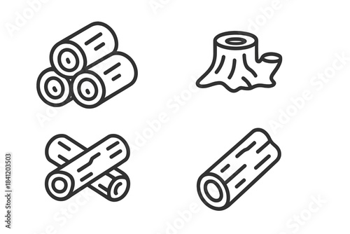 Different types of wood logs and tree stumps displayed in a simple layout for educational purposes