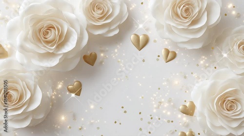 White Background with Roses and Gold Hearts