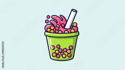 Cartoon Bubble Tea Illustration with Pink Foam and Colorful Pearls.
