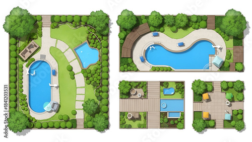 Aerial view of various swimming pool designs in a park setting with trees and walkways