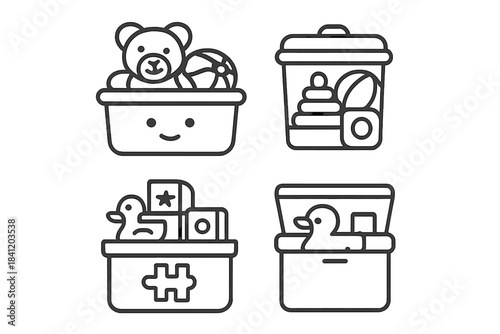 Storage boxes filled with children's toys and playful items arranged on a flat surface