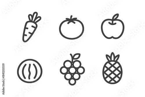 Collection of simple line drawings of various fruits and vegetables showcasing different shapes and sizes