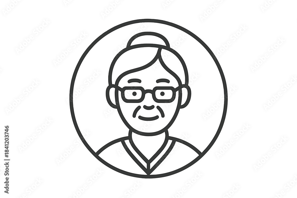 Obraz premium Senior woman with glasses smiling inside a circle design in a simple style
