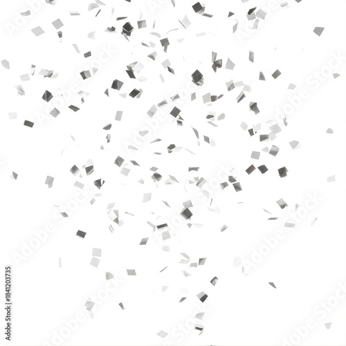 Explosion of silver metallic confetti on a white background