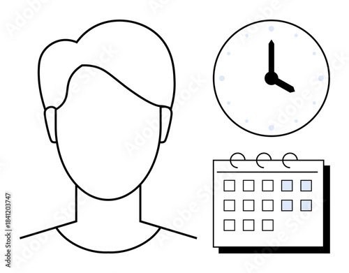 Head outline, clock, and calendar representing time organization, profile, routine planning. Ideal for productivity, schedule, time tracking, efficiency appointment systems workflows simple flat