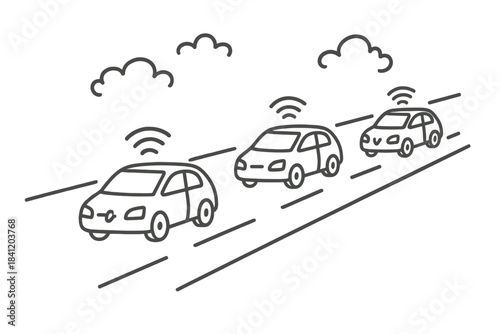 Cars with sensors drive along a road under a cloudy sky in a urban setting at daytime