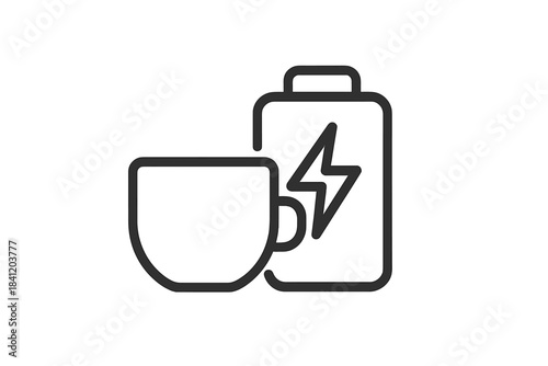 Coffee mug next to battery icon symbolizing energy and refreshment during work breaks or morning routines