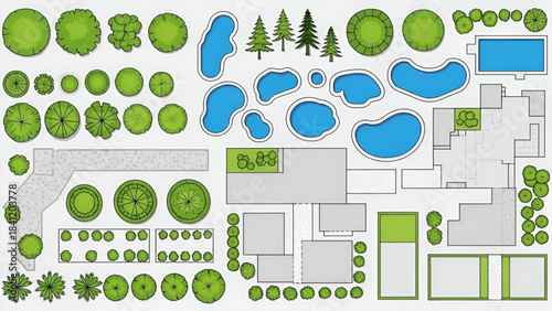 Landscape design plan with various trees and ponds on
