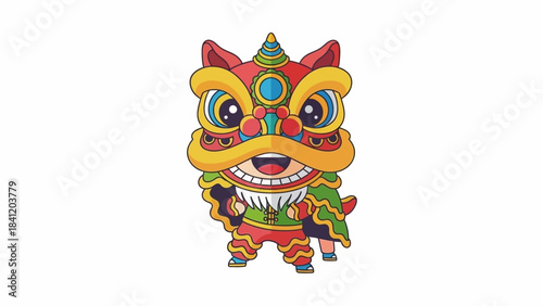 Vibrant cartoon lion dancer with a joyful expression, celebrating traditional festivities
