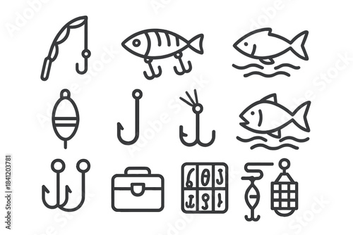Illustration of fishing tools and fish in different forms, showing hooks, floats, and catch in a clear graphic style