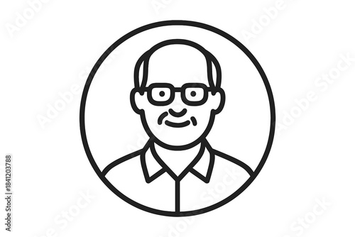 Portrait of a man with glasses smiling in a round frame, showcasing a friendly appearance and warmth in a simple line drawing style