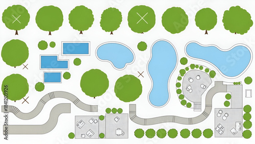 Vector illustration of a park landscape design with various elements
