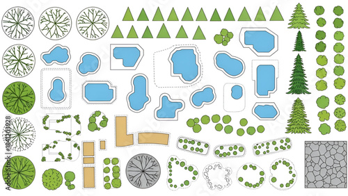 Collection of various green garden and landscape design elements