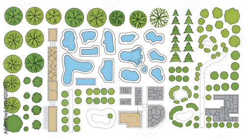 Vector collection of landscape design elements. Top down view of garden plan symbols with trees and pools
