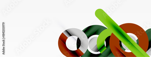 Abstract shapes overlap, creating dynamic composition. Green, brown, gray elements contrast against white background. Modern design.