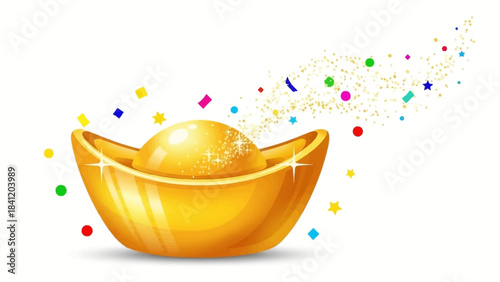 Golden Ingot with Confetti Symbol of Wealth and Prosperity for Celebrations
