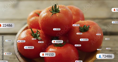Notification badges appearing, floating, clustering and fading over tomatoes on plank showing likes