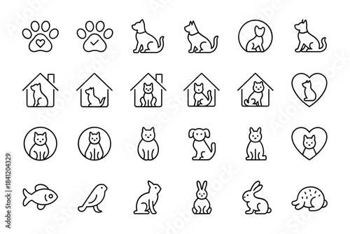 Collection of line art icons featuring pets houses and animal footprints