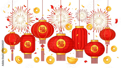 Vibrant Lunar New Year Celebration Lanterns and Fireworks