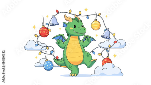 Festive Dragon Celebration A Cheerful Holiday Cartoon Dragon with Ornaments