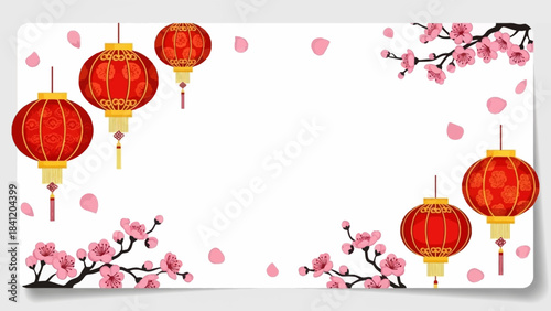 Festive Lunar New Year Card with Lanterns and Blossoms