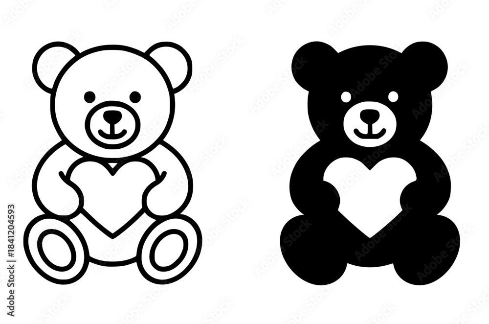 Obraz premium Icon for Valentine, teddy bear illustration, black and white, outline and silhouette versions