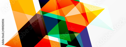 Abstract geometric shapes overlap, creating vibrant colorful composition. Bold lines, angles define dynamic visual experience.