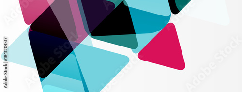 Abstract geometric shapes overlap. Teal, pink, black hues dominate white background. Modern design element.