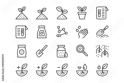 Gardening icons representing plant growth tools and soil management concepts