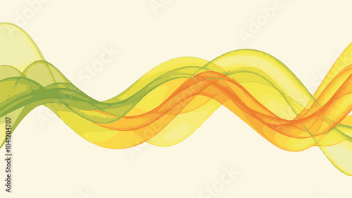 Smooth flowing waves of green yellow and orange with subtle dot patterns on a light cream background