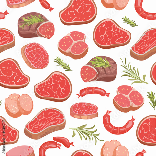 Hand drawn meat, steak, beef, lamb grill meat and sausage seamless pattern. Vector illustration