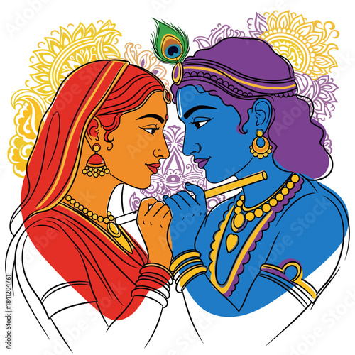Krishna and Radha facing each other, abstarct vector illustration