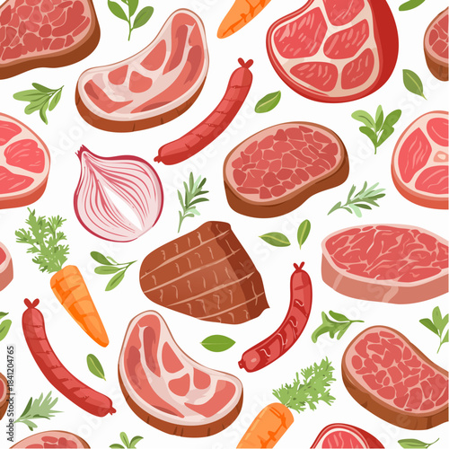 Hand drawn meat, steak, beef, lamb grill meat and sausage seamless pattern. Vector illustration
