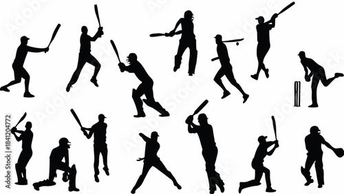 Collection of black silhouette vector graphics depicting various cricket players in action poses and fielding moments