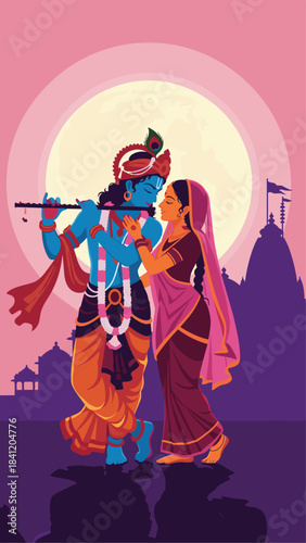 Krishna and Radha romantic illustration with temple shadow and full moon in background.