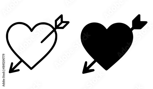 Icon for Valentine, love arrow illustration, black and white, outline and silhouette versions