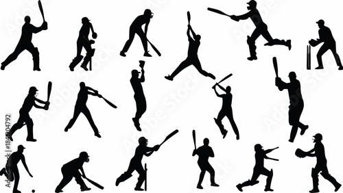 Collection of black silhouette icons depicting various dynamic cricket players batting bowling and fielding actions